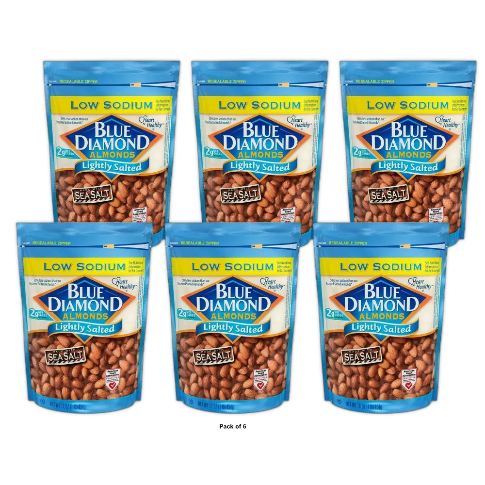 Blue Diamond Almonds Low Sodium Lightly Salted Snack Nuts, Resealable Bag 16 oz (Pack of 6)