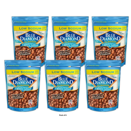 Blue Diamond Almonds Low Sodium Lightly Salted Snack Nuts, Resealable Bag 16 oz (Pack of 6)