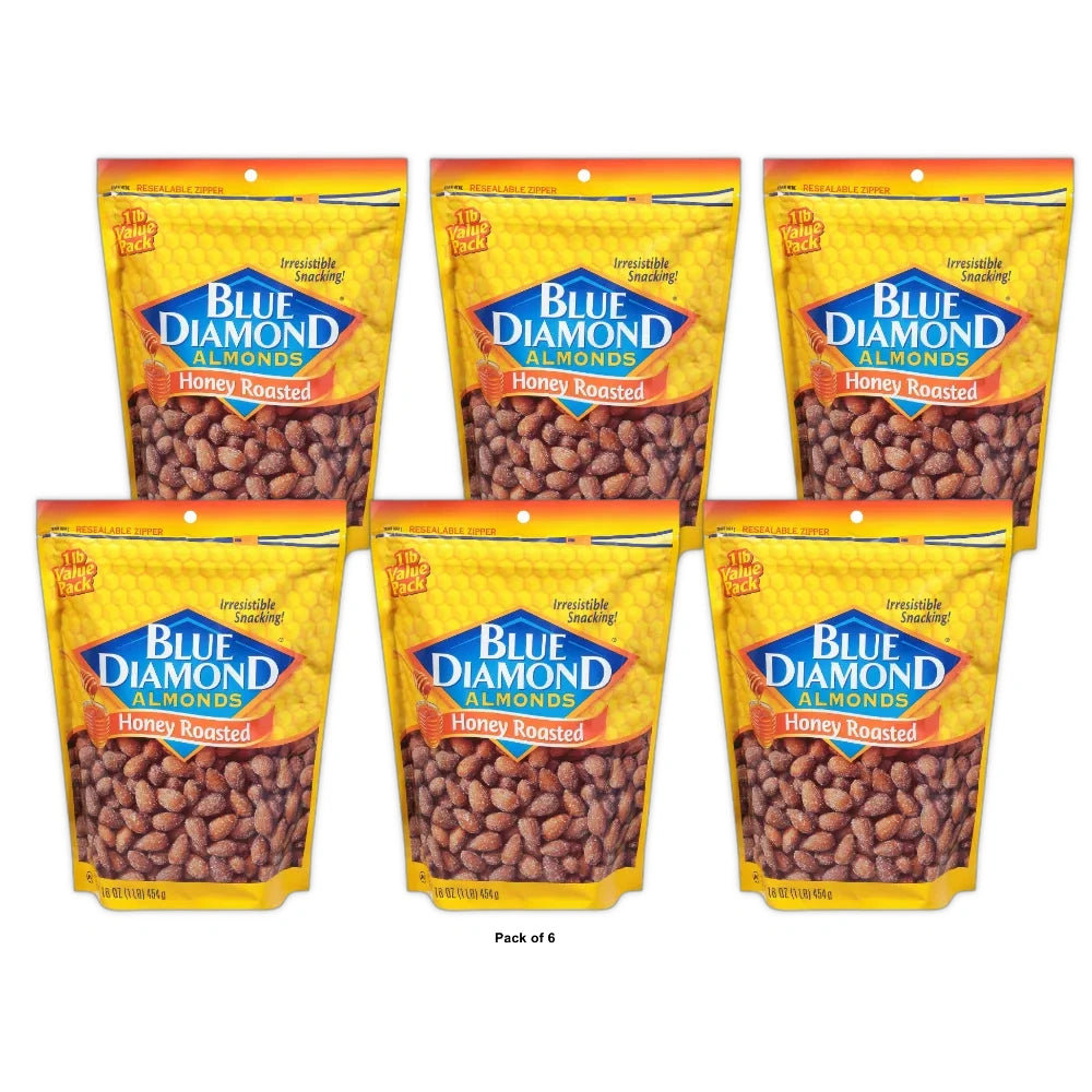 Blue Diamond Honey Roasted Aslmonds 16 Bag 16oz (Pack of 6)