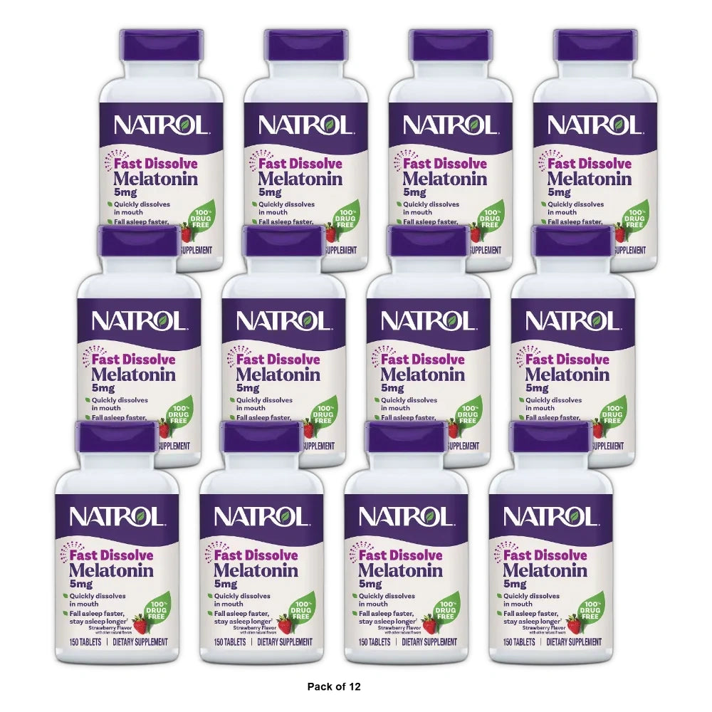 Natrol Melatonin Fast Dissolve Sleep Aid Tablets Strawberry 5mg 150 Count 4Oz (Pack of 12)