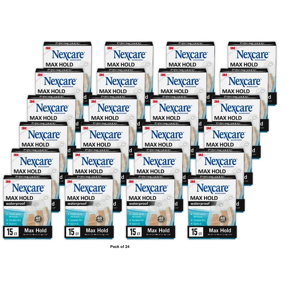 Nexcare Max Hold Waterproof Bandages Made by 3M Assorted Sizes 15 count (Pack of 24)