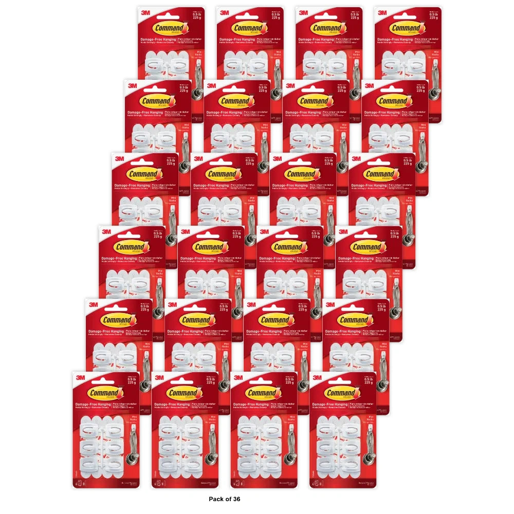 Command Mini Wall Hooks, White, Damage Free Decorating, Six Hooks And Eight Command Strips 0.32 Oz (Pack Of 36)