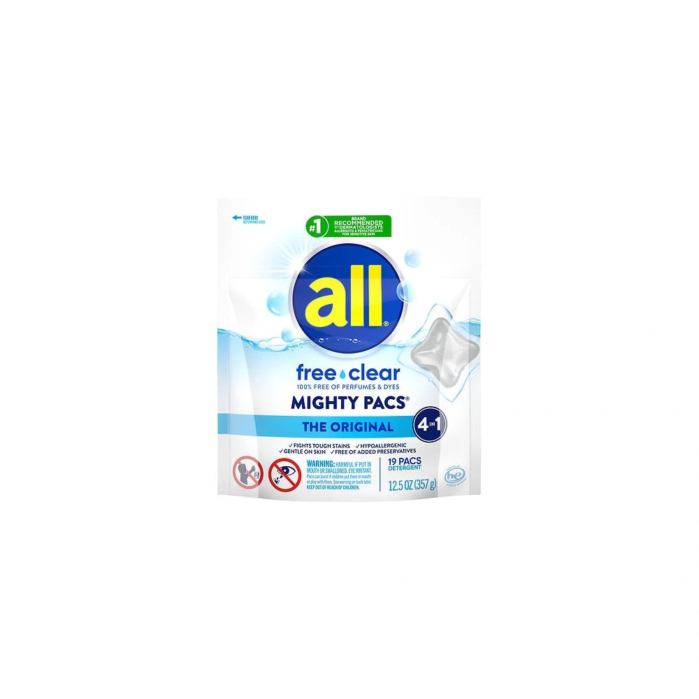 all Mighty Pacs Laundry Detergent Pacs Free Clear for Sensitive Skin Unscented 12.5 Oz (Pack of 6)