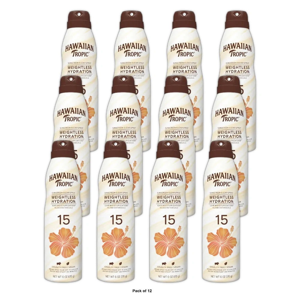 Hawaiian Tropic Weightless Hydration Clear Spray Sunscreen SPF 15 6Oz (Pack of 12)