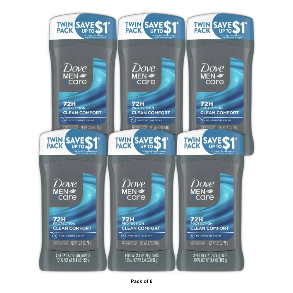 Dove Men+Care Long Lasting Antiperspirant Deodorant Stick for Men Twin Pack Cle 2.7 oz (Pack of 6)