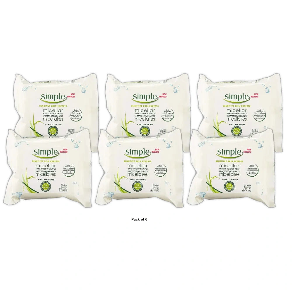 Simple Kind to Skin Cleansing Wipes Micellar 25 Wipes (Pack of 6)