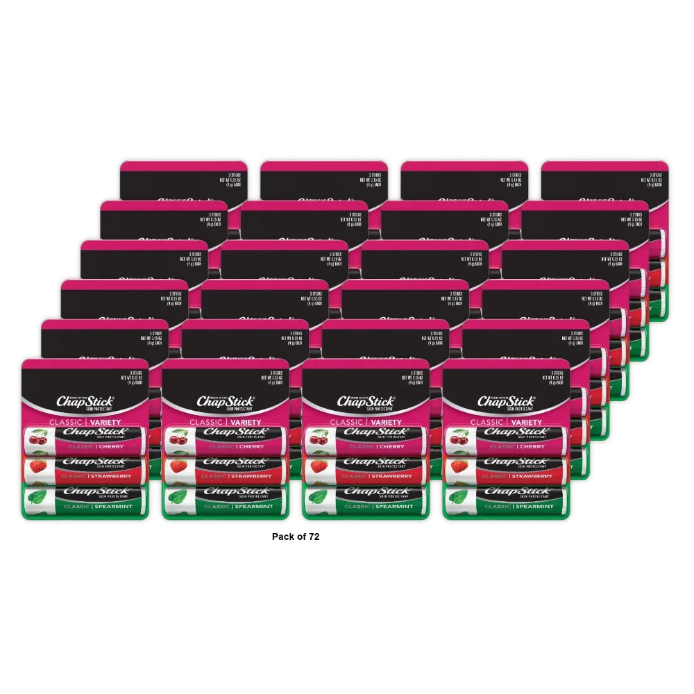 Chapstick Classic Cherry, Spearmint And Strawberry Lip Balm, 3 Pack 0.15 Oz (Pack Of 72)