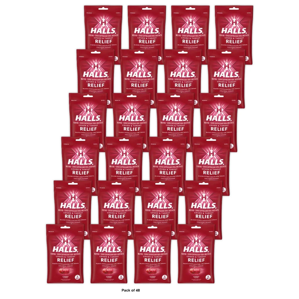 HALLS Triple Action Cough Drops, Cherry, 30/Bag 3.04 Oz (Pack of 48)