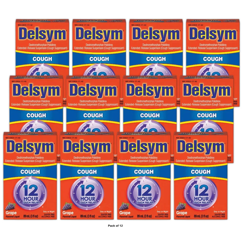 Delsym 12 Hr Cough Relief Liquid - Dextromethorphan - Grape - 3 fl oz (Pack of 12)
