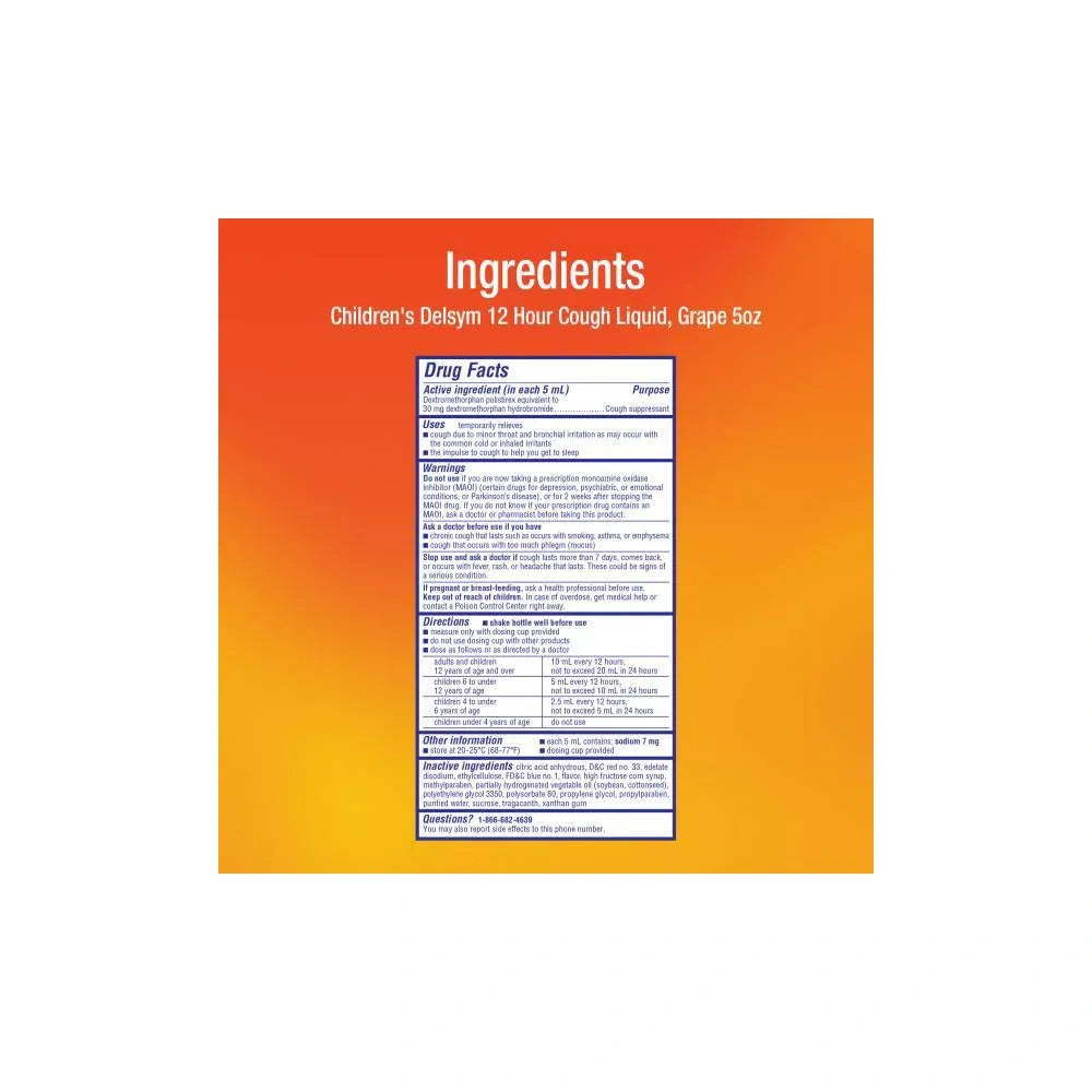 Children's Delsym Cough Relief Liquid - Dextromethorphan - Grape - 5 fl oz(Pack of 12)