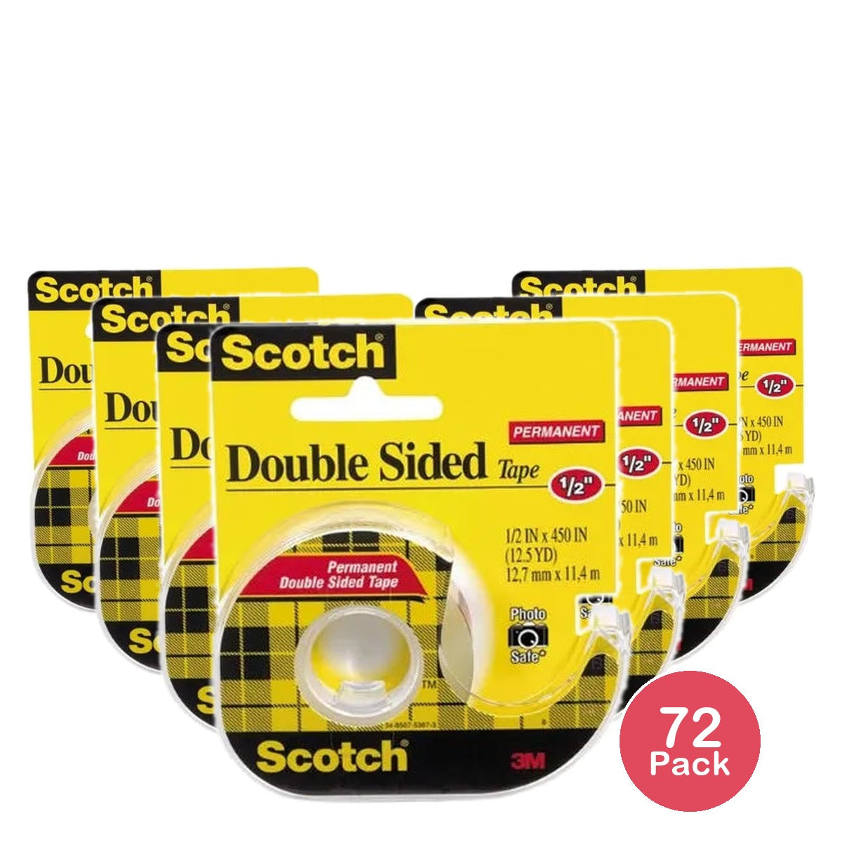 3M Scotch Permanent Double-Sided Stick Tape 0.5in x 450in 6.24Oz (Pack of 72)