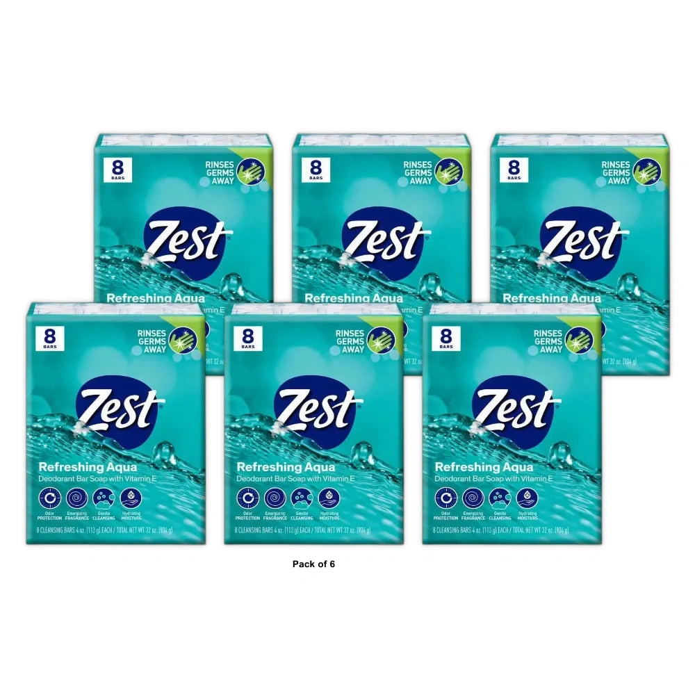 Zest 8-Bar Bath Size Soap, Aqua, 4 OZ (Pack of 6)