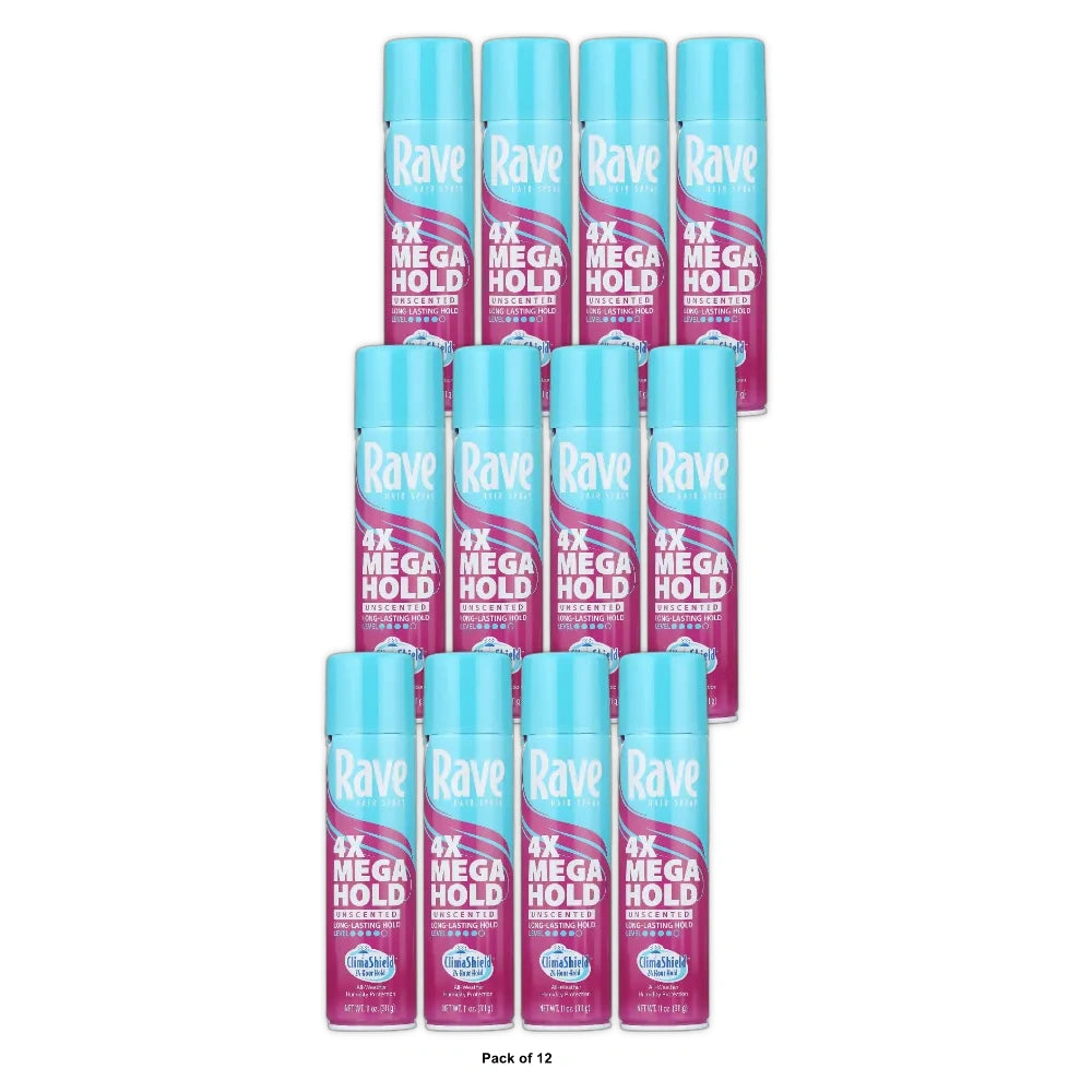 Rave 4X Mega Hold Hair Spray All-Weather Protection with Vitamin-Rich Formula 11 OZ (Pack of 12)
