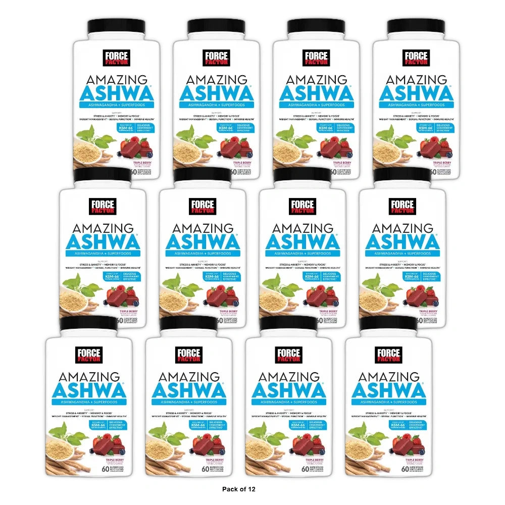 Amazing Ashwa Chews Supports Stress & Anxiety Triple Berry (60 Soft Chews) 15Oz (Pack of 12)