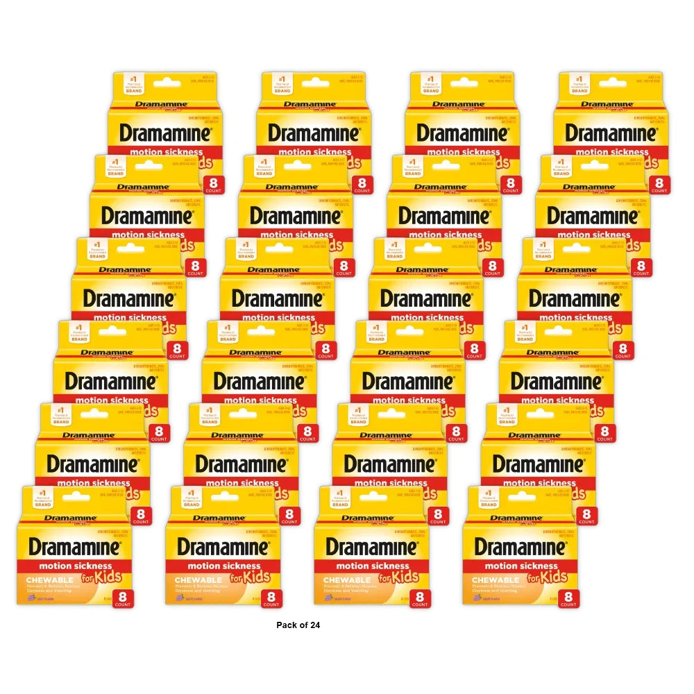 Dramamine Kids Chewable Motion Sickness Relief Tablets for Nausea, Dizziness & Vomiting - Grape -  8ct (Pack of 24)