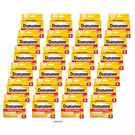 Dramamine Kids Chewable Motion Sickness Relief Tablets for Nausea, Dizziness & Vomiting - Grape -  8ct (Pack of 24)