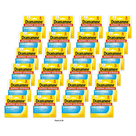 Dramamine Original Formula Motion Sickness Relief Tablets For Nausea, Dizziness 0.64 Oz (Pack Of 24)