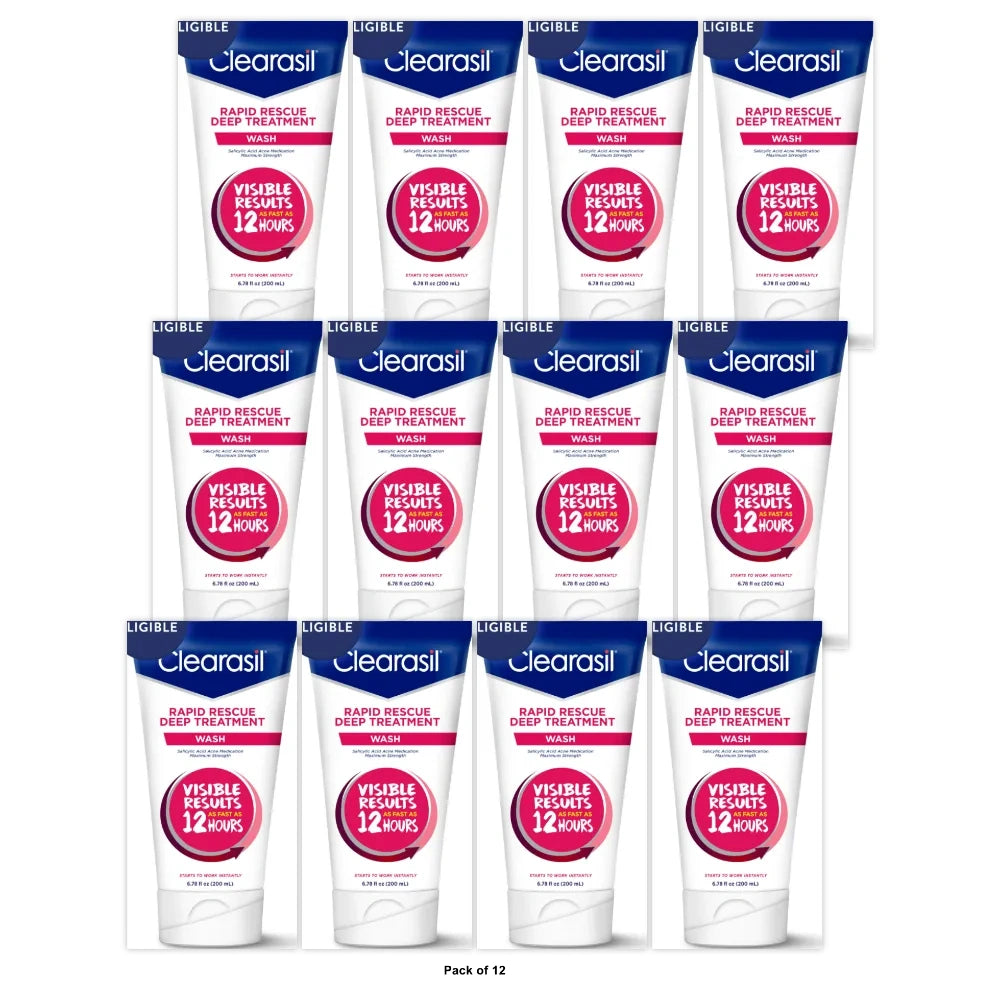 Clearasil Rapid Rescue Deep Treatment Acne Face Wash Maximum Strenght with 2% S 6.78 fl oz (Pack of 12)