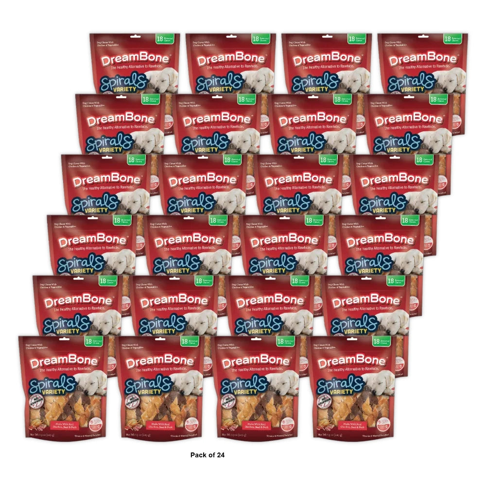 DreamBone Spirals Variety Pack Rawhide-Free Chews for Dogs 18 Count 7.3 Oz (Pack of 24)