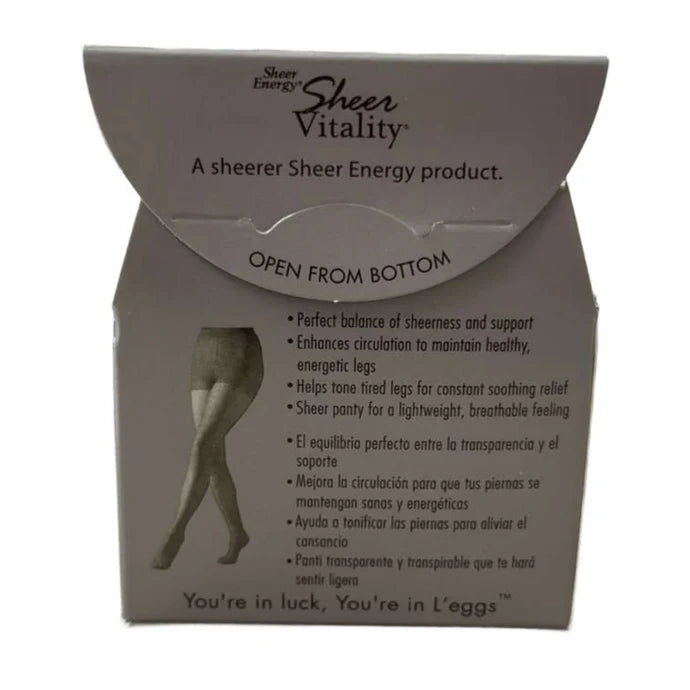 Sheer Vitality tights packaging with product description and branding.