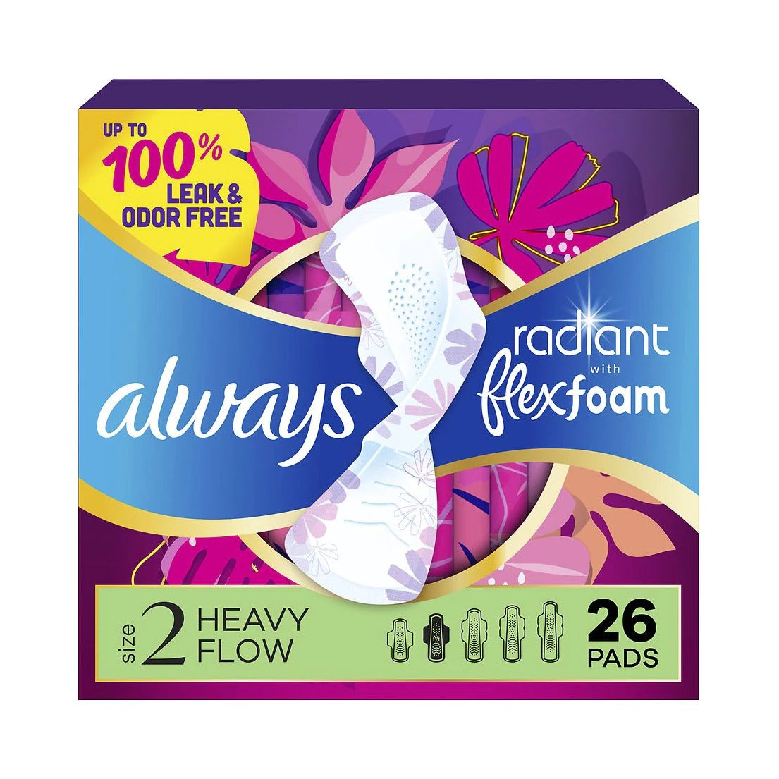 Always Radiant Flex Foam Heavy Flow Pads with Wings Size 2 (Pack of 6)