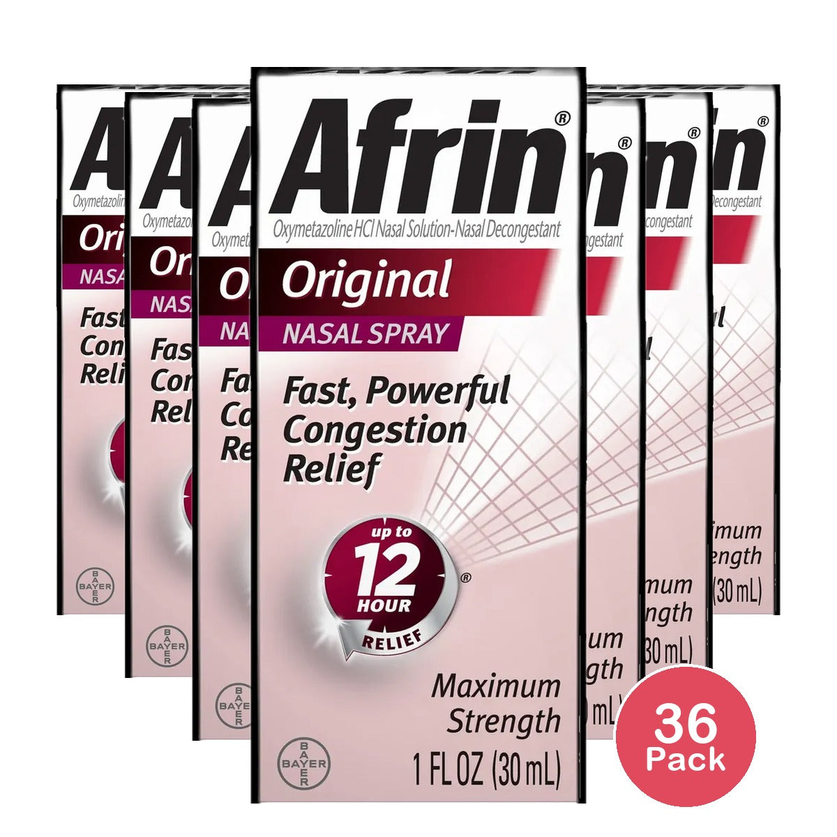 Afrin Nasal Decongestant 12 Hour Relief Nasal Spray Original 30 ml 1oz (Pack of 36)