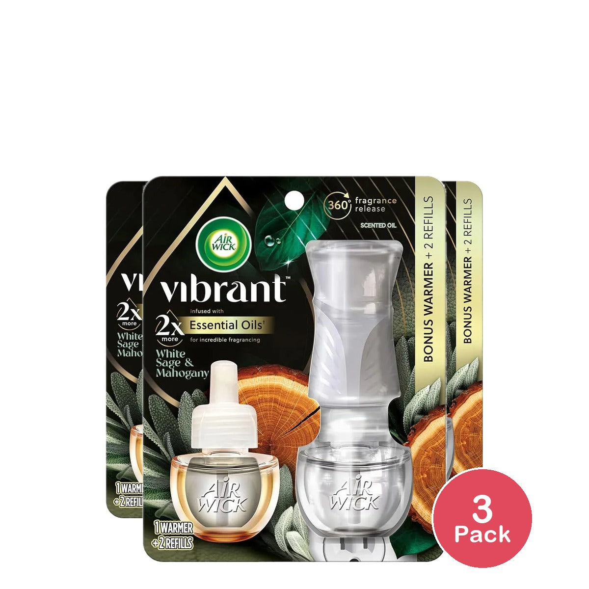 Air Wick Plug in Scented Oil Starter Kit (Gadget + 2 Refills) White Sage & Mahogany Air Freshener Essential Oils 1 Kit 7.83Oz (Pack of 3)