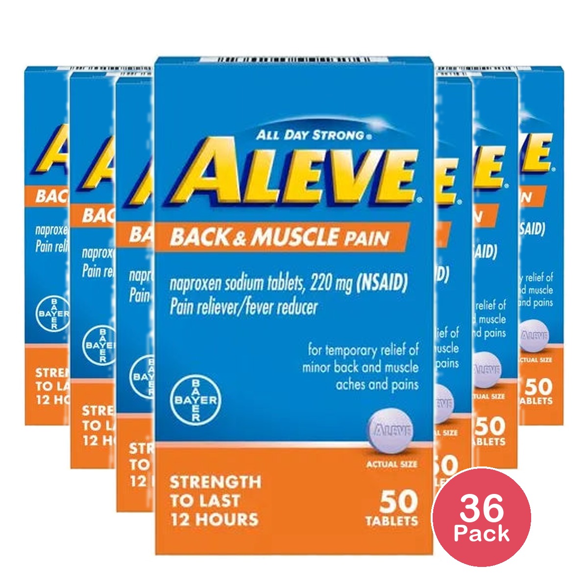 Aleve Back and Muscle Pain Tablets 50CT 1.552oz (Pack of 36)