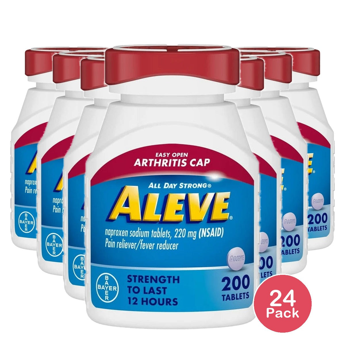 Aleve Tablets Easy Open Arthritis Cap Naproxen Sodium Pain Reliever 200 Count (Pack of 24)