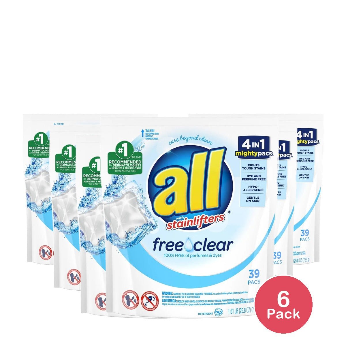 All Mighty Pacs Free & Clear 39 Count 25.8oz (Pack of 6)
