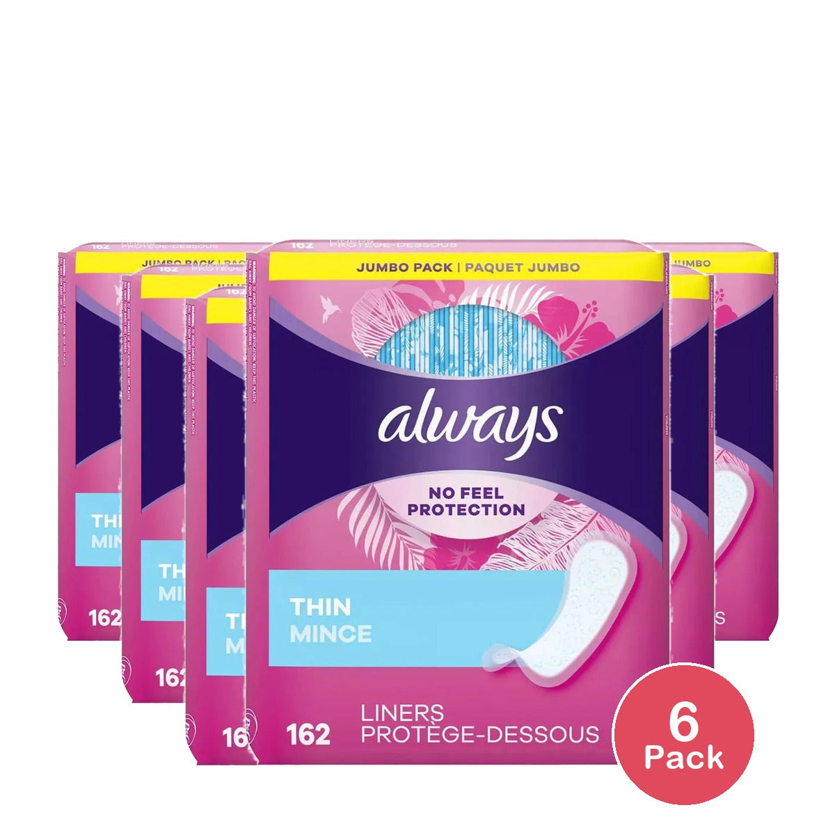 Always Daily Thin Unscented Panty Liners Regular 5.38Oz (Pack of 6)