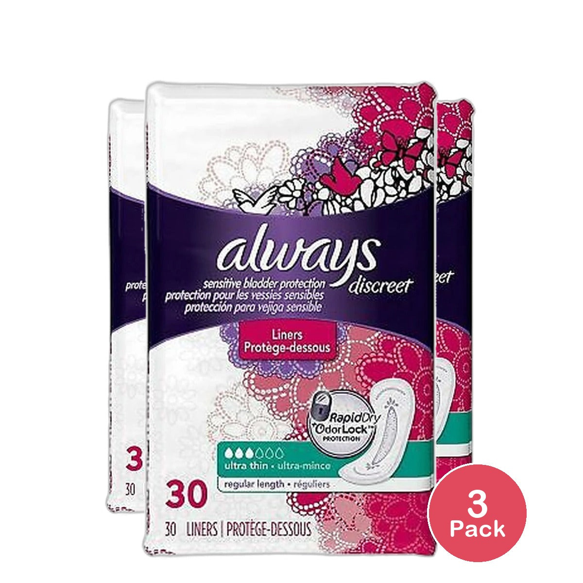 Always Discreet Ultra Thin Incontinence Pads For Women Regular Liners 2.18Oz (Pack Of 3)