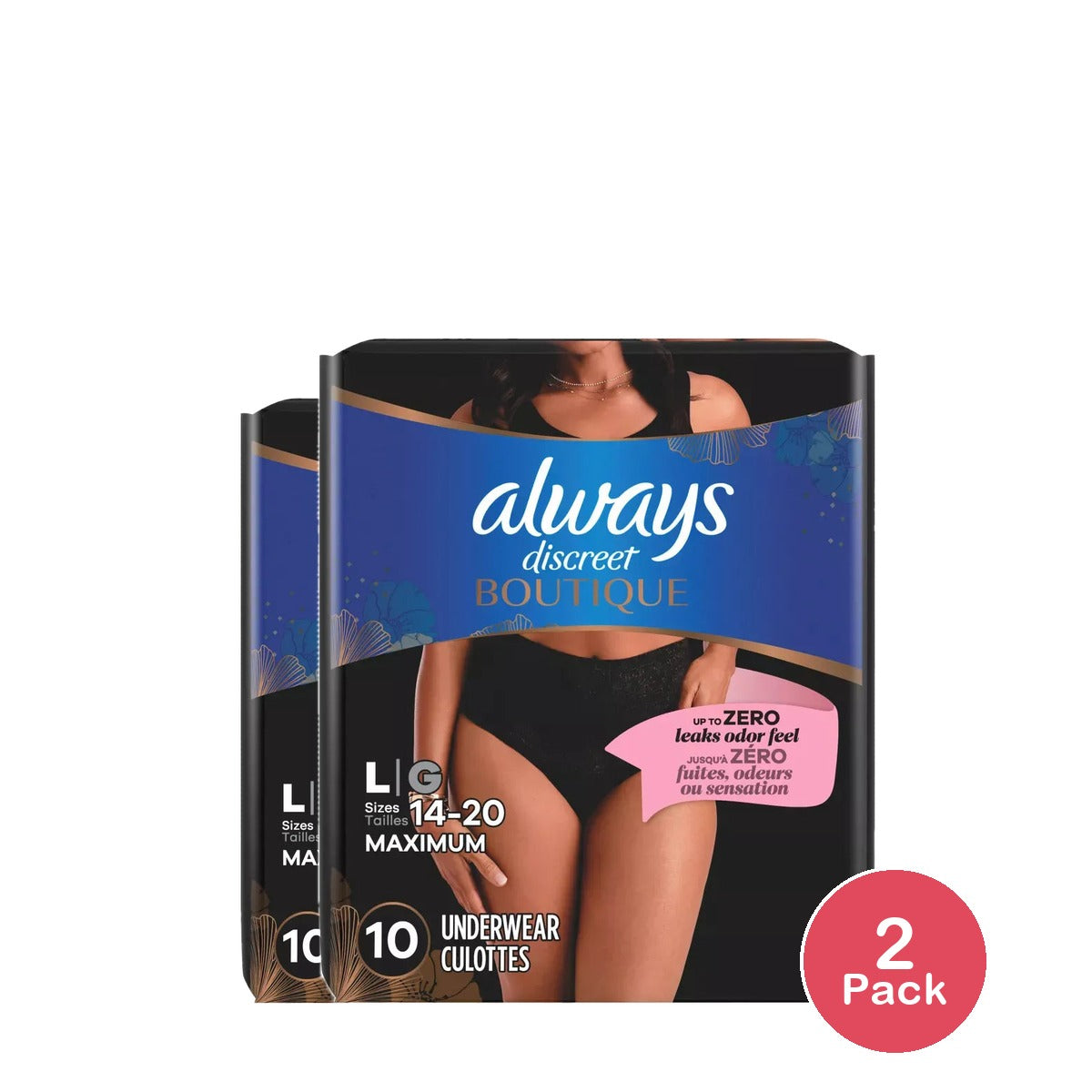 Always Discreet Underwear Large Black 10 Count 16.16oz (Pack of 2)