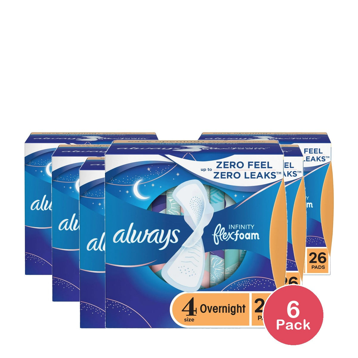 Always Infinity Feminine Pads with wings Size 4 Overnight Absorbency Unscente (Pack of 6)