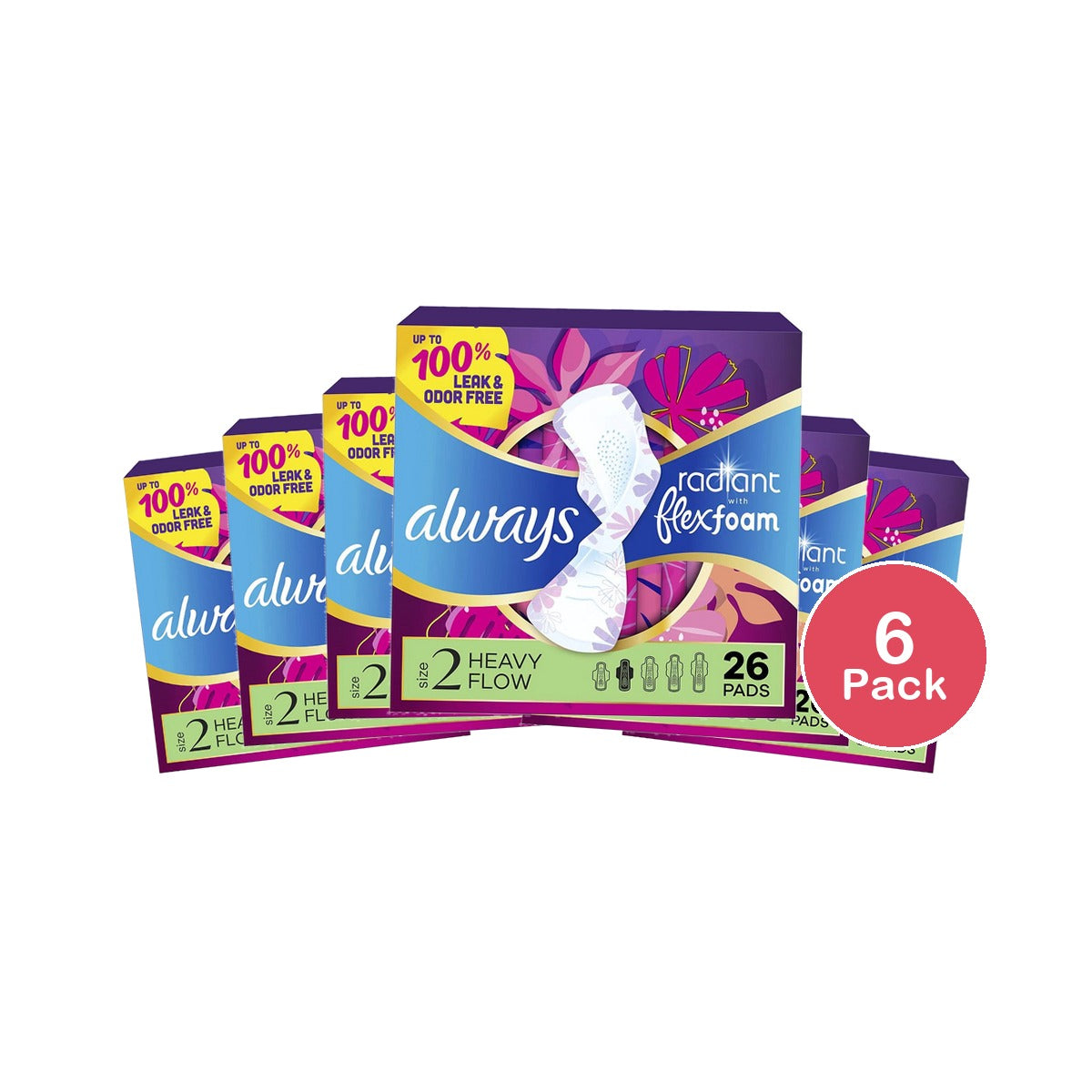Always Radiant Flex Foam Heavy Flow Pads with Wings Size 2 (Pack of 6)
