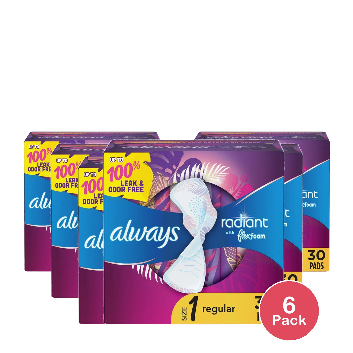 Always Radiant Regular Absorbency Pads with Wings - Scented - Size 1 - (Pack of 6)