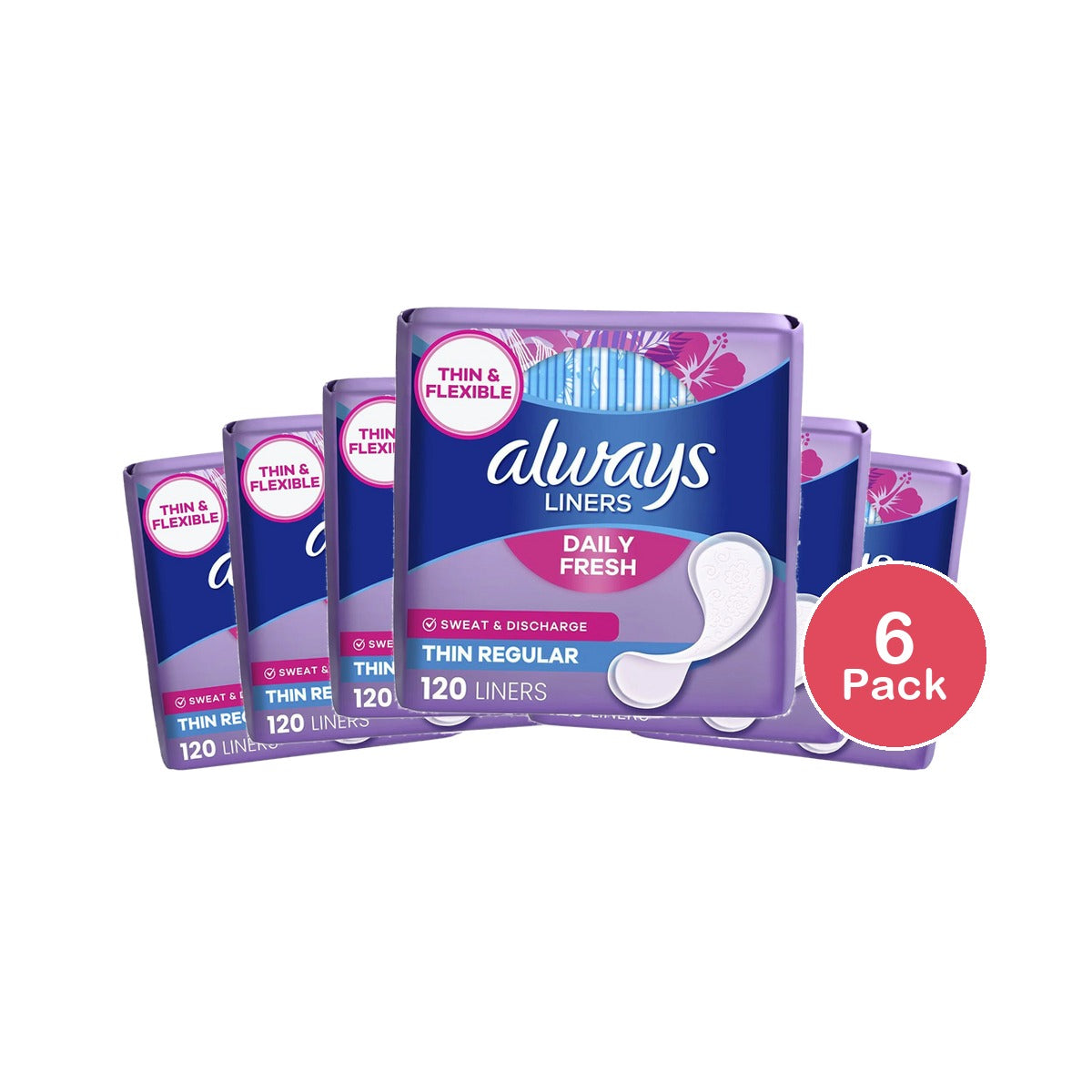 Always Thin No Feel Protection Daily Liners 120 Count (Pack of 6)