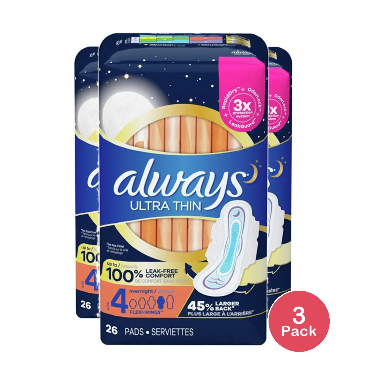 Always Ultra Thin Pads Overnight Absorbency Unscented with Wings Size 4 5.93Oz (Pack of 3)