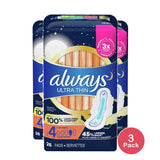 Always Ultra Thin Pads Overnight Absorbency Unscented with Wings Size 4 5.93Oz (Pack of 3)