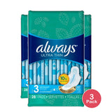 Always Ultra Thin Size 3 Extra Long Super With Flexi-Wings 28 Count 26.08Oz (Pack of 3)