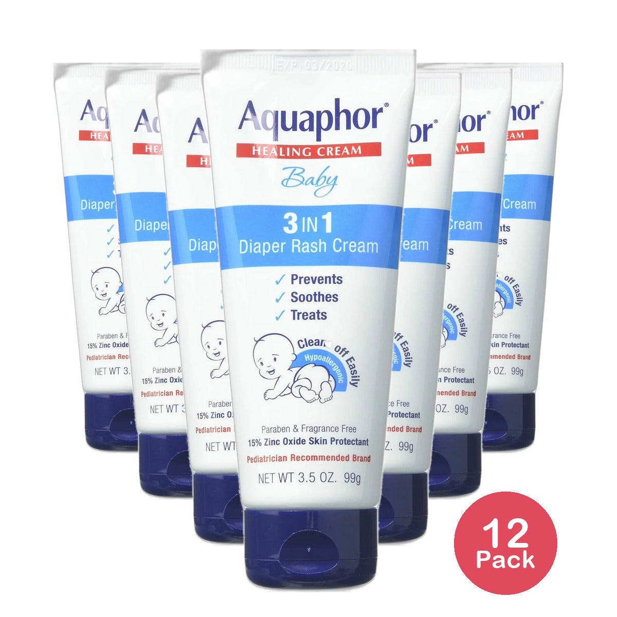 Aquaphor Baby Diaper Rash Healing Cream Skin Protectant 3.5Oz (Pack of 12)