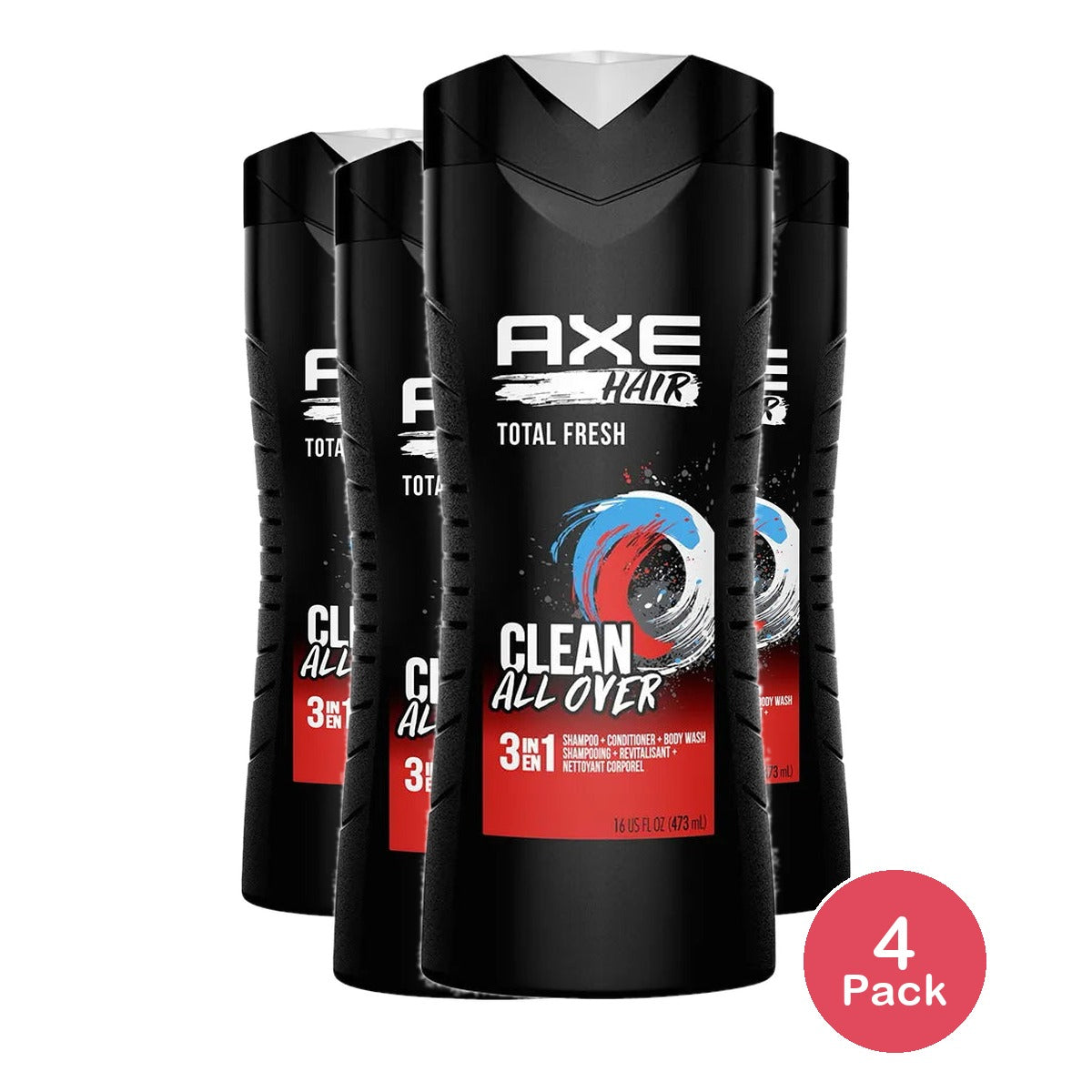Axe Clean All Over Total Fresh 3-in-1 Body Wash Shampoo & Conditioner 16Oz (Pack of 4)