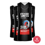Axe Clean All Over Total Fresh 3-in-1 Body Wash Shampoo & Conditioner 16Oz (Pack of 4)
