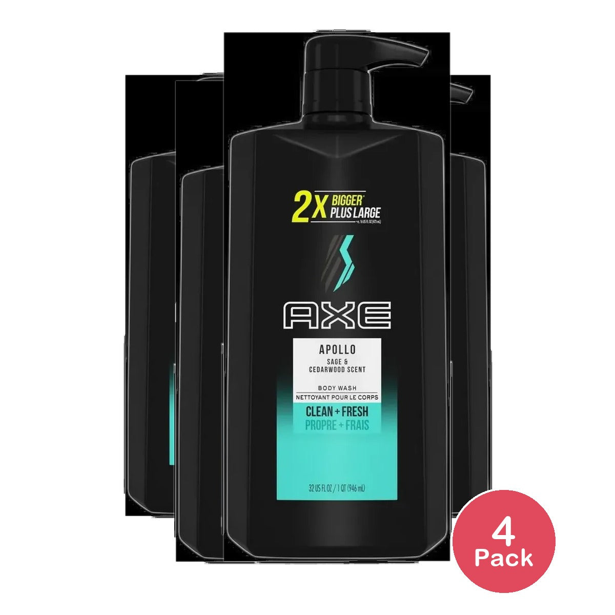 Axe Men Body Wash Apollo Sage and Cedarwood 32Oz (Pack of 4)