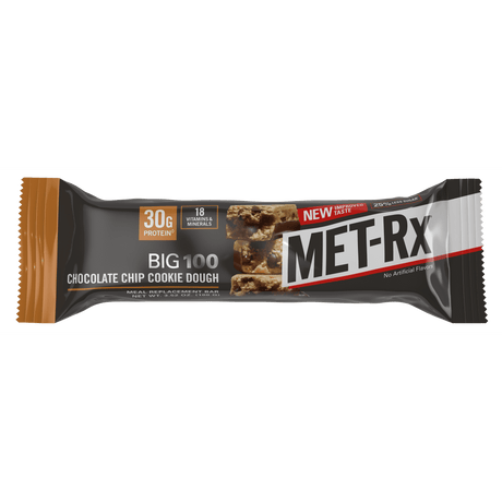MET-Rx Big 100 Chocolate Chip Cookie Dough Protein Bar, 100g/28g Protein - 3.52 Oz (Pack of 36)