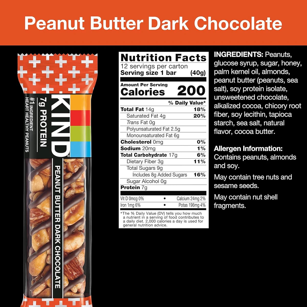 Kind Plus Peanut Butter Dark Chocolate Plus Protein Gluten Free Bars 1.4oz (Pack of 72)