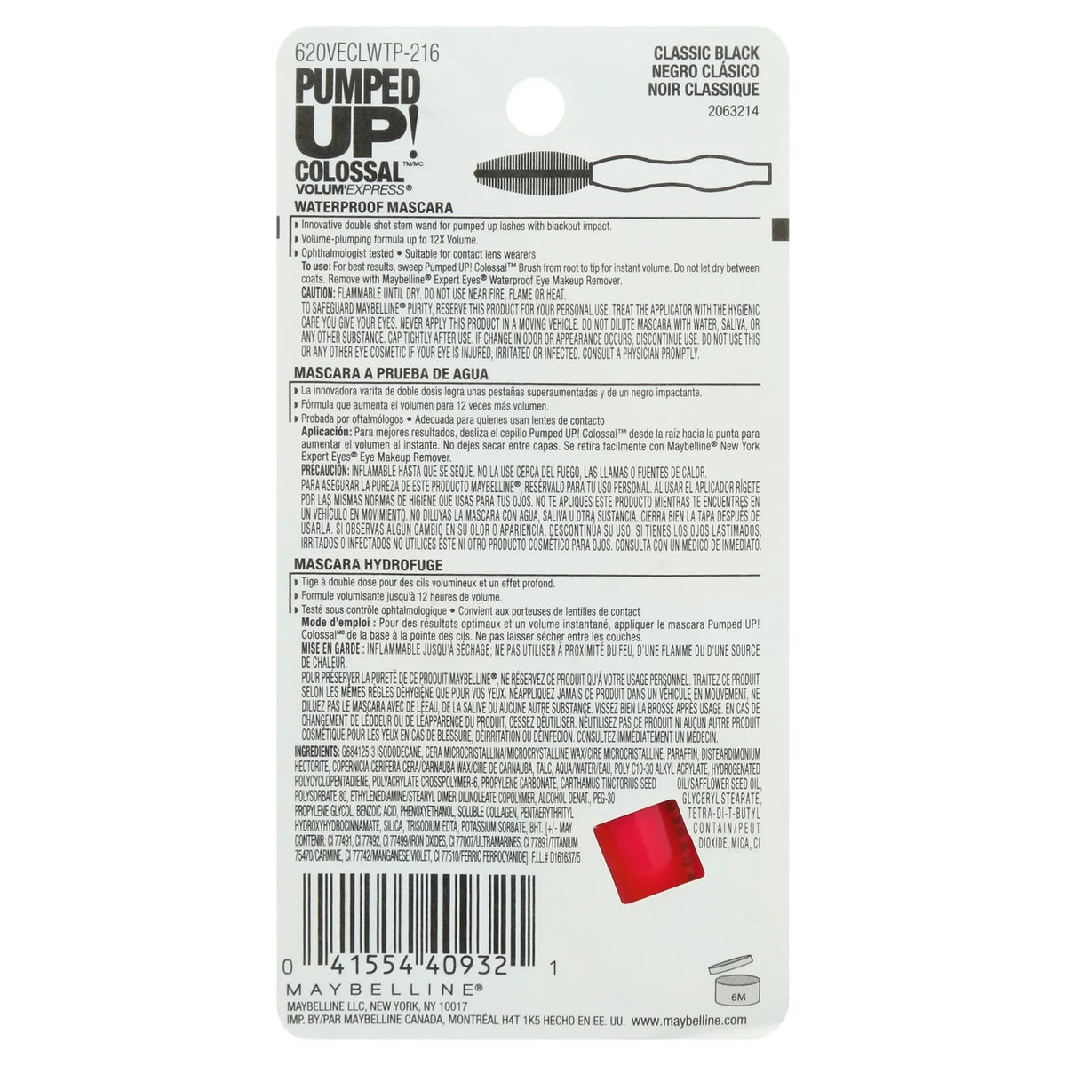 Maybelline Volum Express Pumped Up Colossal Waterproof Mascara Classic Black 0.32Oz (Pack of 72)