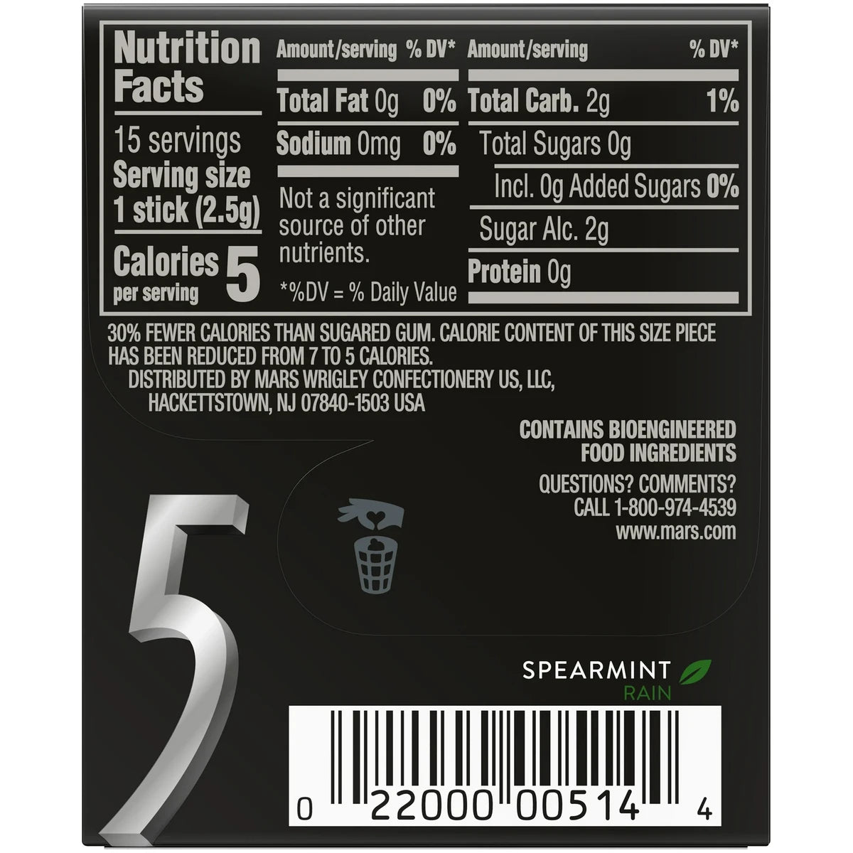 Wrigley Five Gum Spearmint Rain Sugar Free Chewing Gum 15Ct 2.82Oz (Pack of 120)