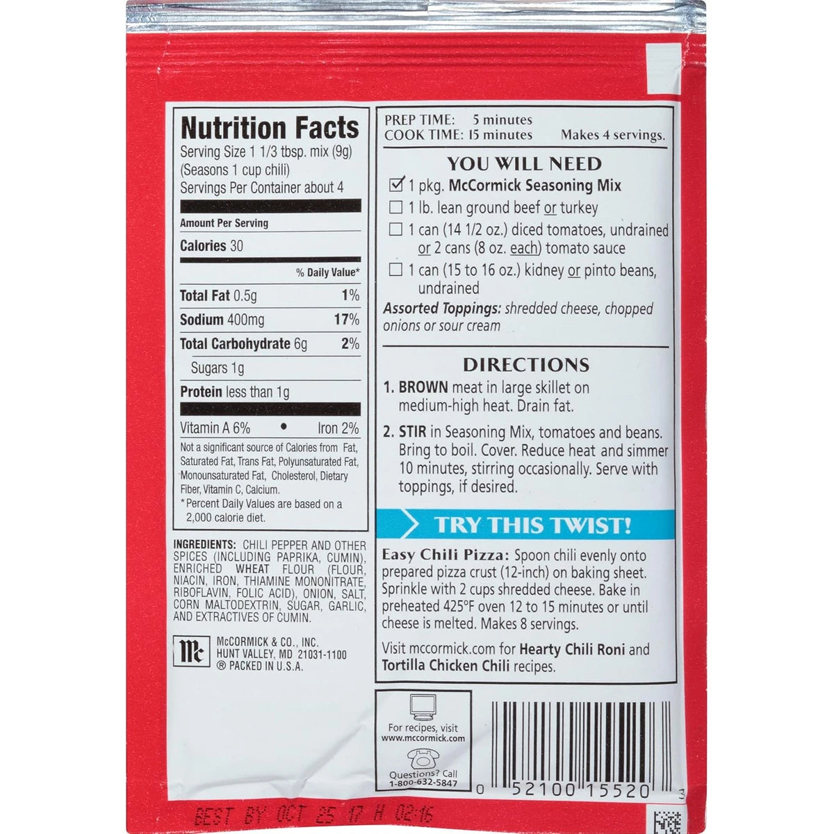 McCormick MILD CHILI Seasoning Mix 1.25oz (Pack of 24)