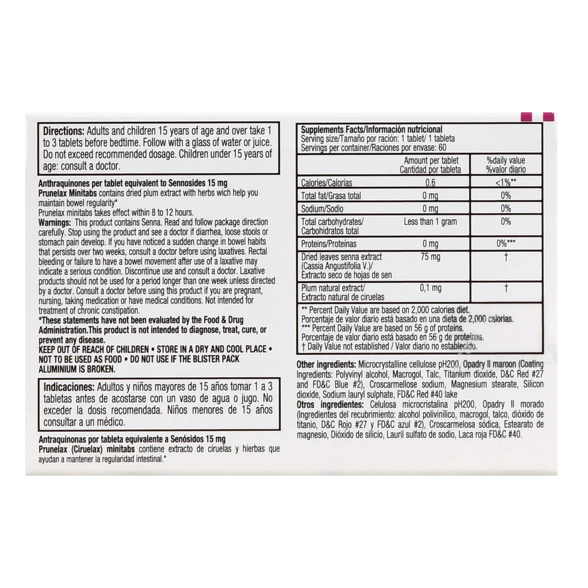 Prunelax Ciruelax Minitabs Natural Laxative Dietary Supplement Tablets 60Ct 0.27oz (Pack of 108)